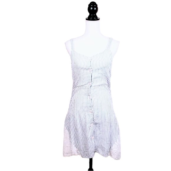 ZARA TRAFALUC Mini Dress, Blue White Striped 100% Cotton Lace Casual Boho, M - Picture 4 of 14